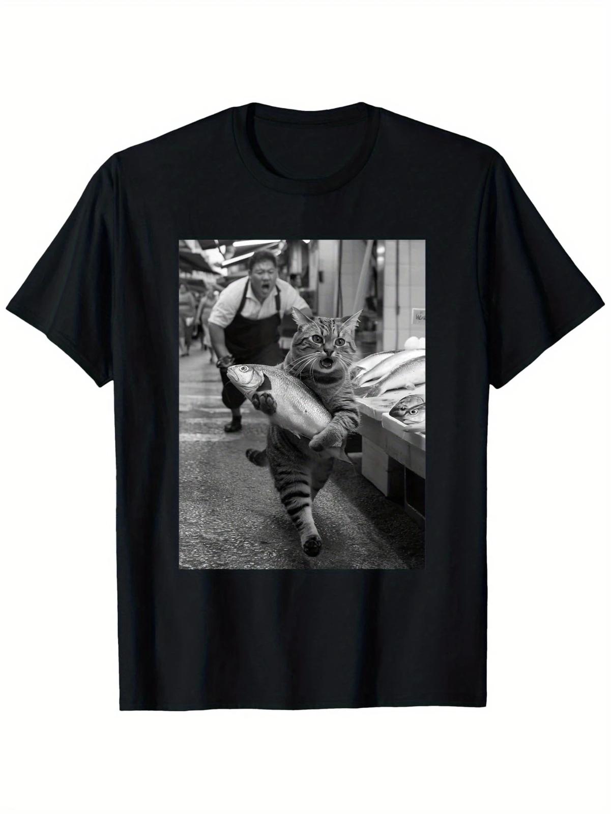 Funny Cat Steals Fish Market Black & White Meme T-Shirt Unisex 100% Cotton S разноцветный