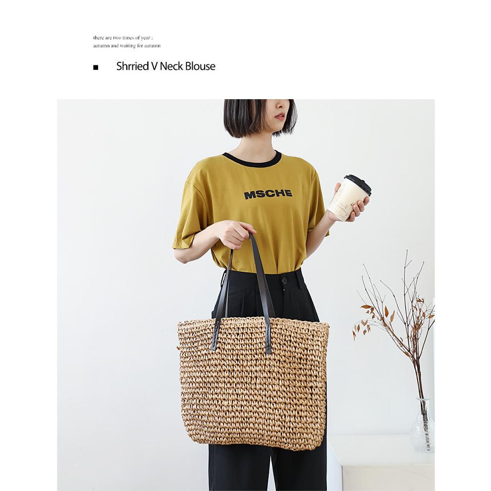 IELGY summer pastoral woven beach bag, casual seaside vacation handbag, large-capacity straw