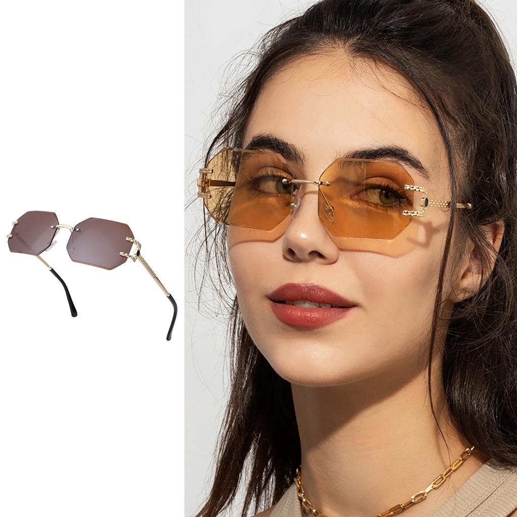 Fashion Sunglasses for Women Men- Octagon Frameless Sun Glasses Black Shade Polygon Tinted Eyewear