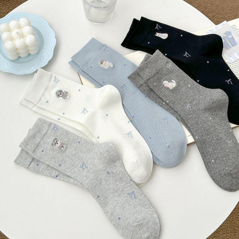 Zhuji Women's Cute Cartoon Embroidered Mid-Calf Cotton Socks, Preppy Style