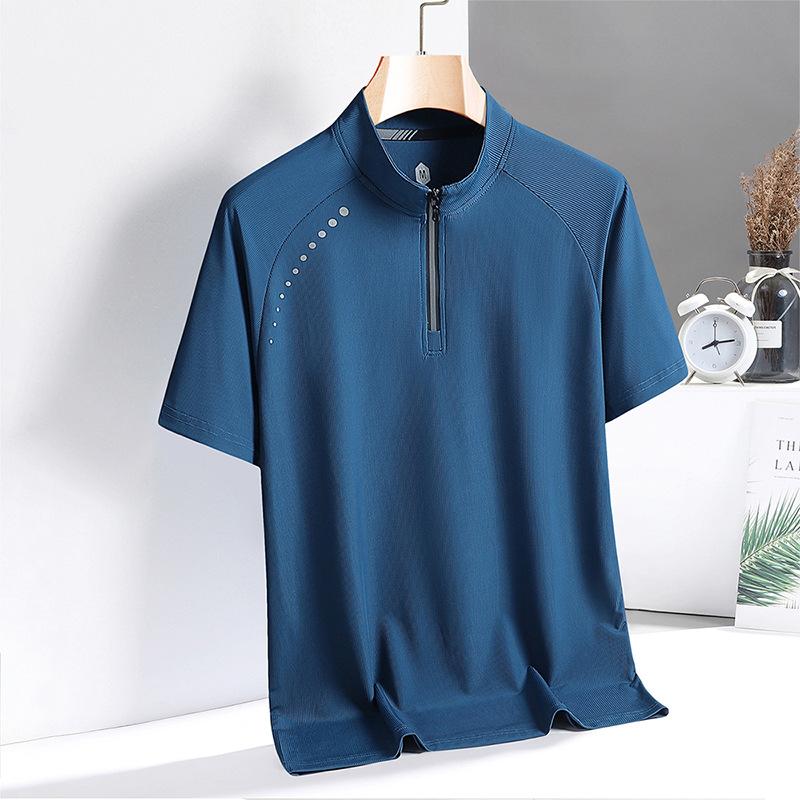 

Быстросохнущая футболка для мужчин, для занятий спортом на открытом воздухе, фитнеса, с короткими рукавами, круглым вырезом, застежкой-молнией на половину длины, воротником-стойкой, футболка из шелка Ice Silk XXL