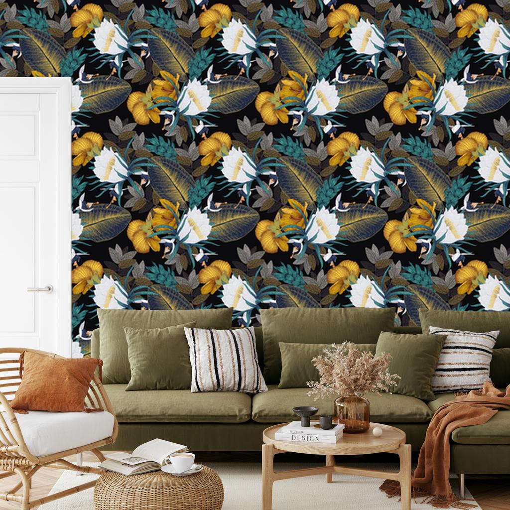 Exotic Leaves and Flowers Wallpaper for Living Room and Bedroom 50x1000