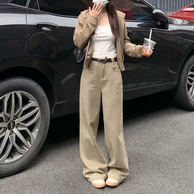 

Brother Chun s Home Khaki Drape Wide Leg Denim Women s Spring and Summer 2025 New Arrival Loose Slim Looking Straight Mopping Pants Khaki Long S