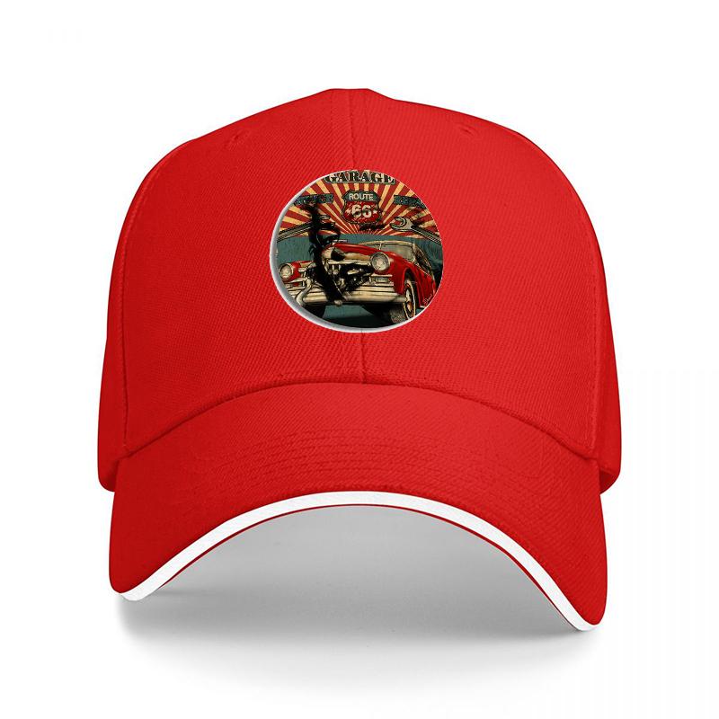 Casquette de baseball rétro avec motif hot rod vintage et soleil sur fond noir, ajustable, unisexe et femme.