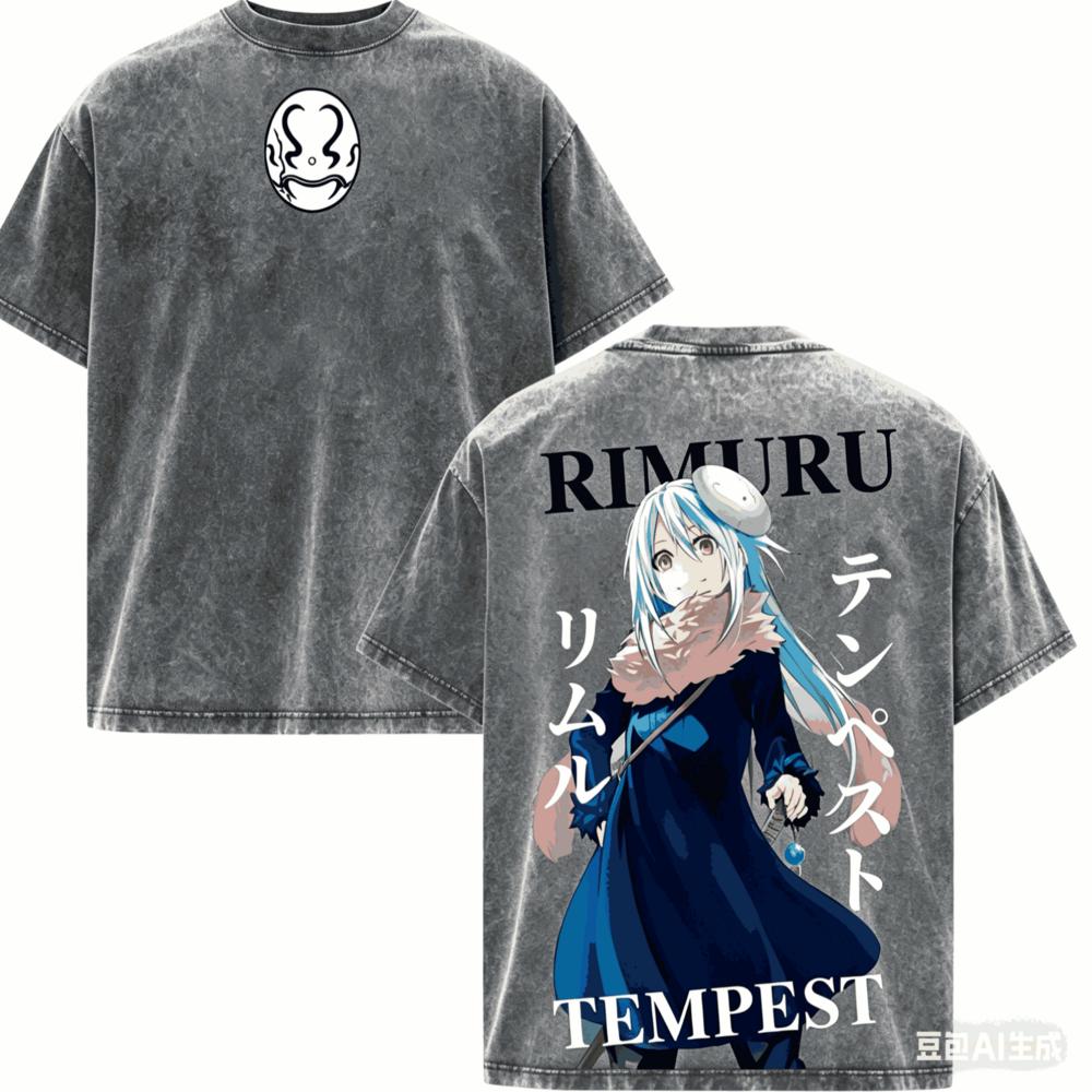 Maglietta Slime Rimuru Lavata Abbigliamento per tutto l'anno alta qualità personalità Vestiti Taglie Forti Unisex Nuovo Modello Lavato Vintage Ampio
