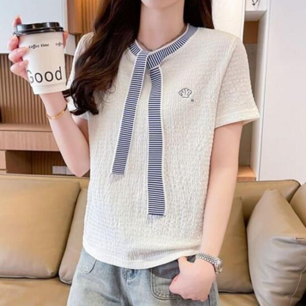 Navava Women Seersucker STripe Ribbon Neck ShorT Sleeve T shirT nT2728