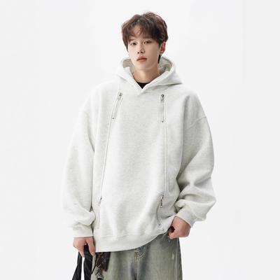 Hooded Gray Sweatshirt for Men, Double Zipper Design, Loose and Versatile Hoodie Jacket