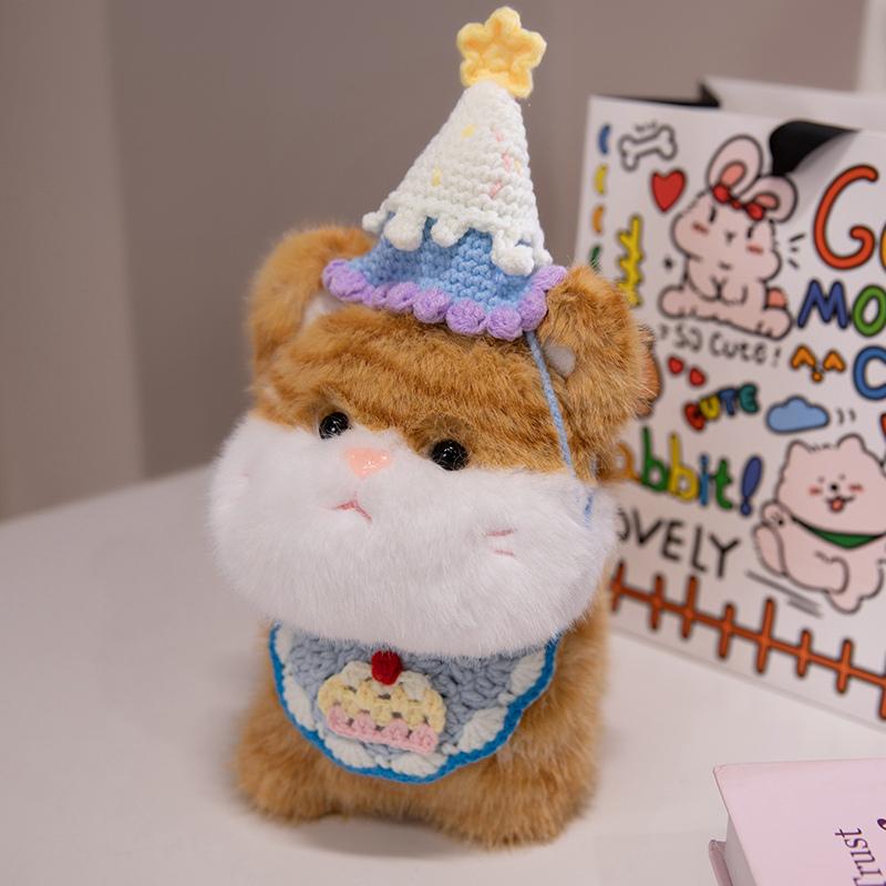 Cute Big Face Cat With Birthday Hat Fruit Cake Snack Bib Decor Kawaii Grey Orange Cats Kittens Plushie For Kids Birthday Gift