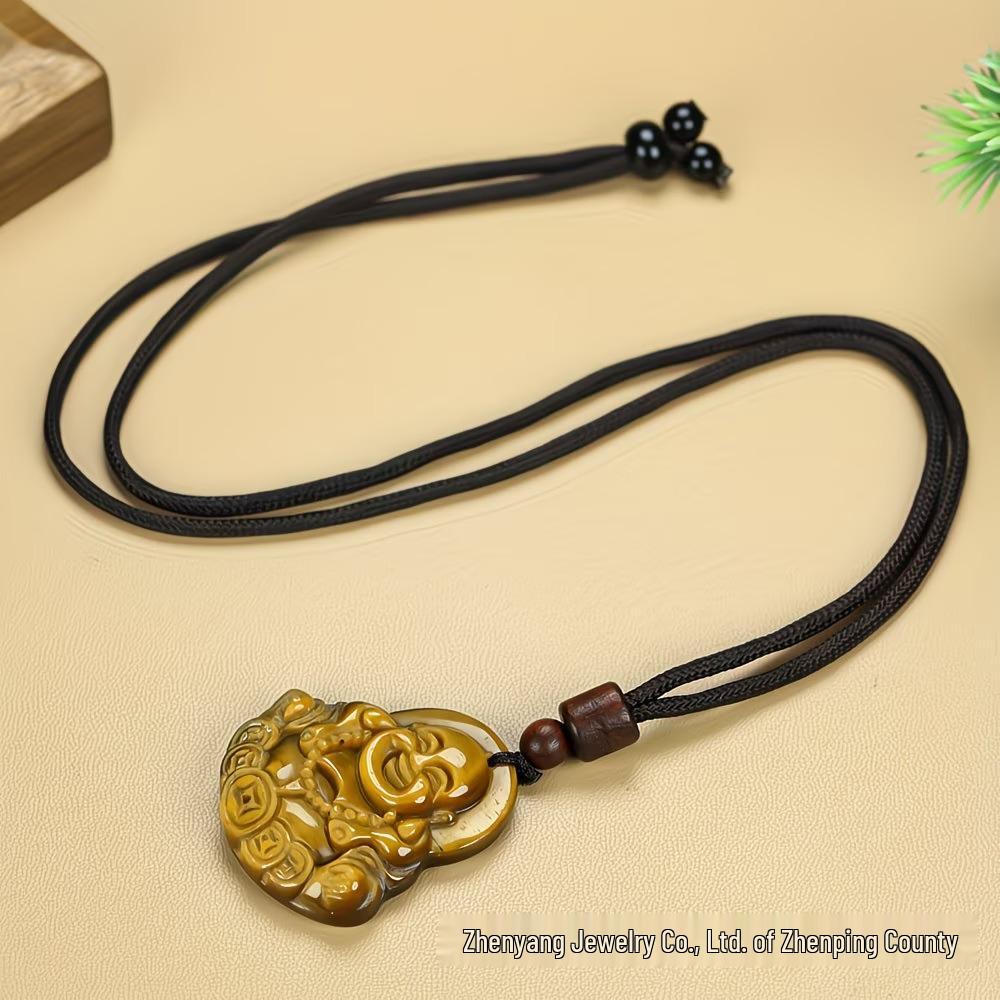 Tiger's Eye Maitreya Buddha Pendant Necklace with Jade and Wood Elements.