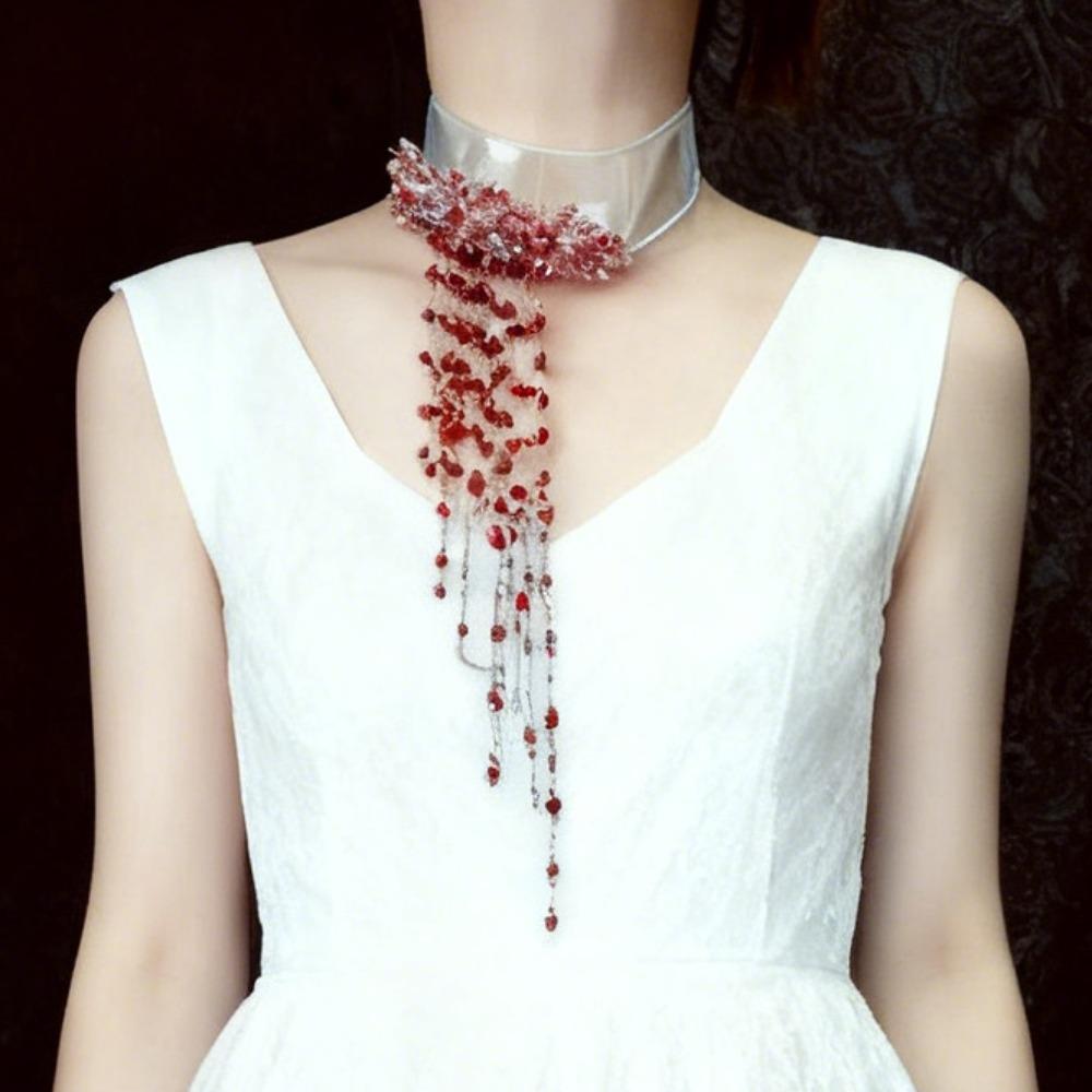 Gotischer Y2k Subkultur Blutstropfen Imitation Kristall Quaste Weißes Seidengaze Choker Halskette für Damen Hallowmas Party Schmuck