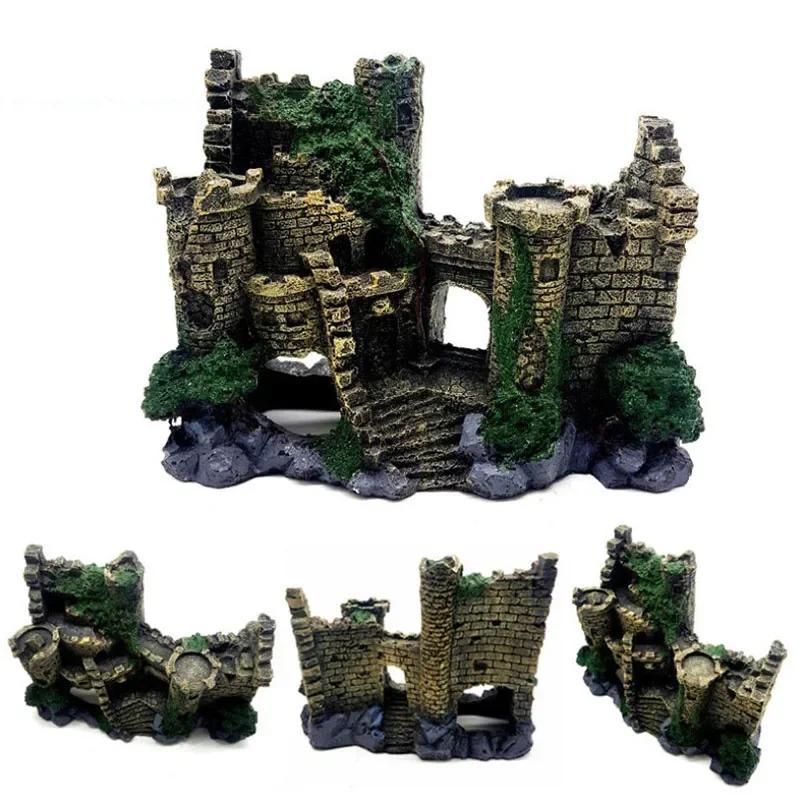 Resin Artificial Fish Tank Ancient Castle Decoration Aquarium Rock Cave Building Decoration Aquatic Landscaping Ornament