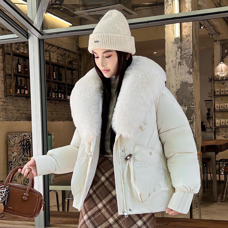 Women's Winter Down Cotton Jacket with Large Fur Collar - European & American Style, Short & Loose Padded Coat