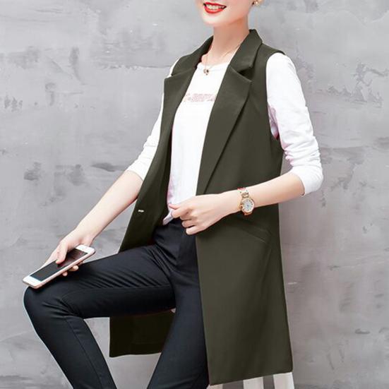 Women Long Suit Coat Sleeveless Mid Length Single Button Sleeveless Thin Pocket Cardigan Lapel Formal OL Commute Style Lady Jacket