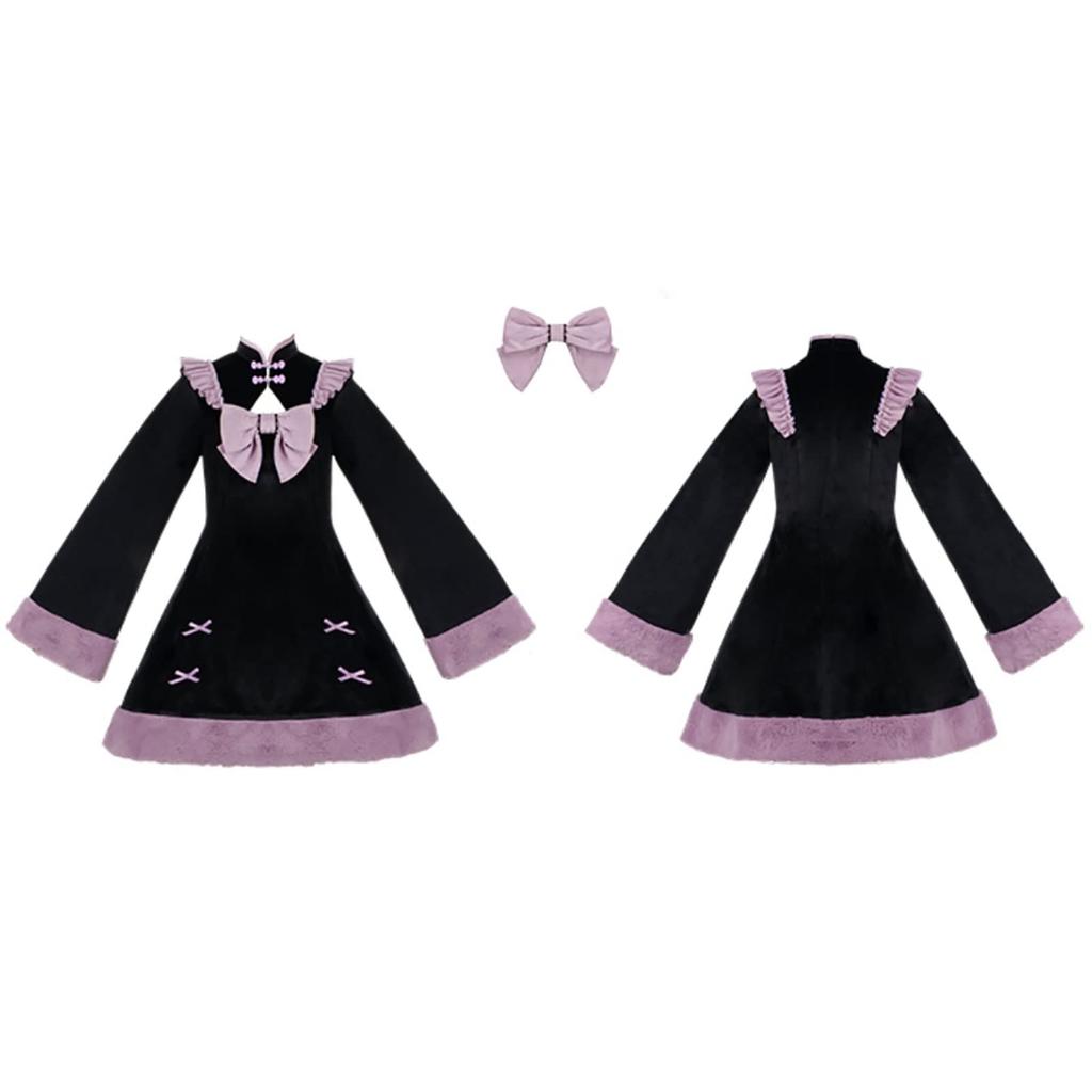 Milky Time Women's Medium Lolita Dress, Long Sleeves, Black and Purple Velvet, Winter Cosplay Costume