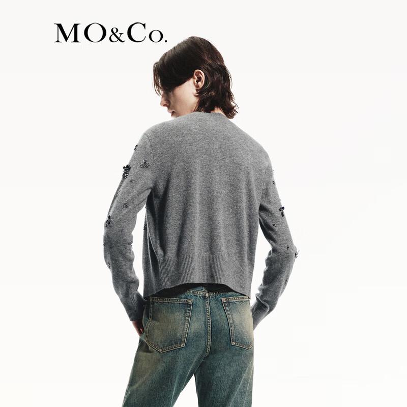 MO&Co. 100% Merino Wool Hand-Beaded Short Knitted Cardigan