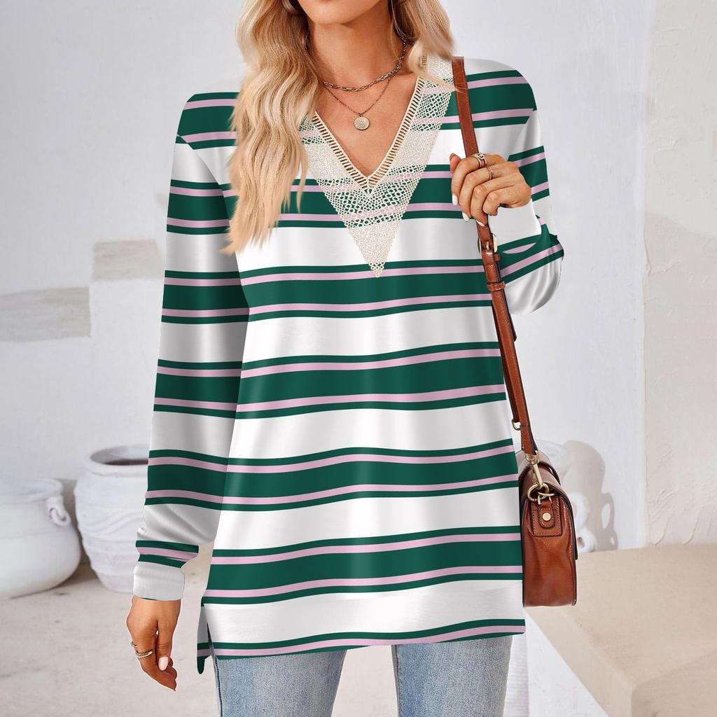 Womens Tops Loose V-neck Contrast Color Split Loose Long Sleeve T-shirt Women's Tops