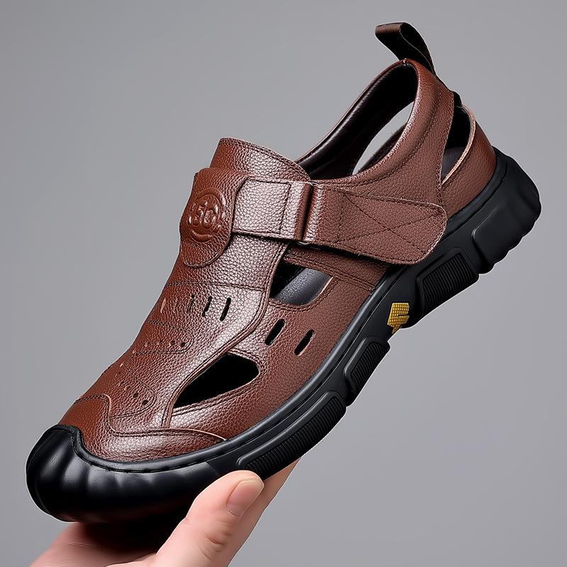Men's sandals leather summer hollow breathable shoes men's casual versatile non-slip soft sole leather sandals rubber soft sole