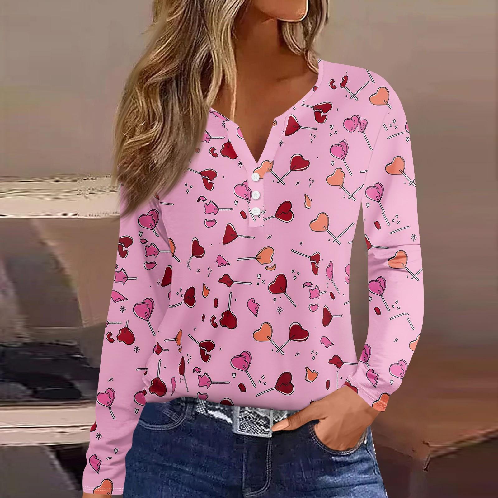 

Жіноча футболка з принтом, ґудзиками, довгими рукавами, щодня, у вихідні, базовий топ з V-подібним вирізом XL рожевий