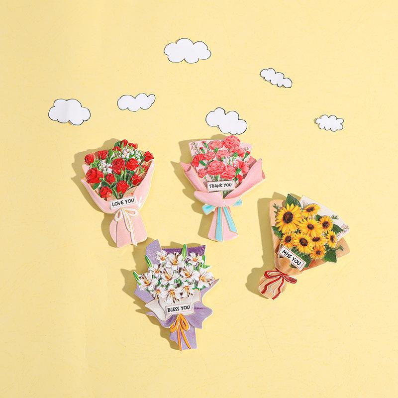 Simulation Sunflower Roses Flowers Refrigerator Stickers 3D Simple Resin Magnetic Stickers Home Kitchen Decorations