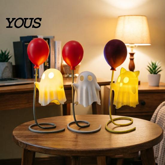 Balloon Ghost Figurine Cute with Balloon, Warm LED Night Light, Halloween Spooky Ornament Decoration for Bedroom Desk Table Centerpiece Cozy