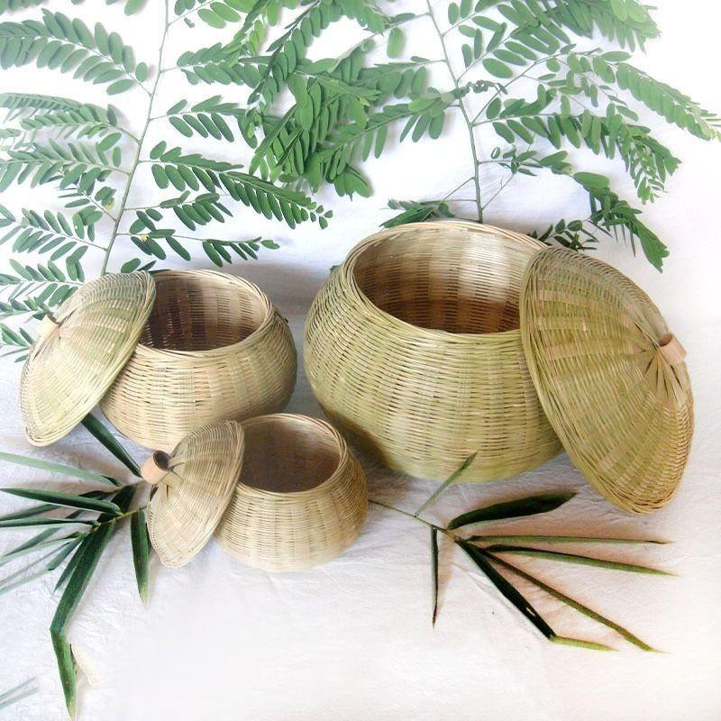 Bamboo Woven Pumpkin Basket with Lid for Tea, Snacks, and Egg Storage