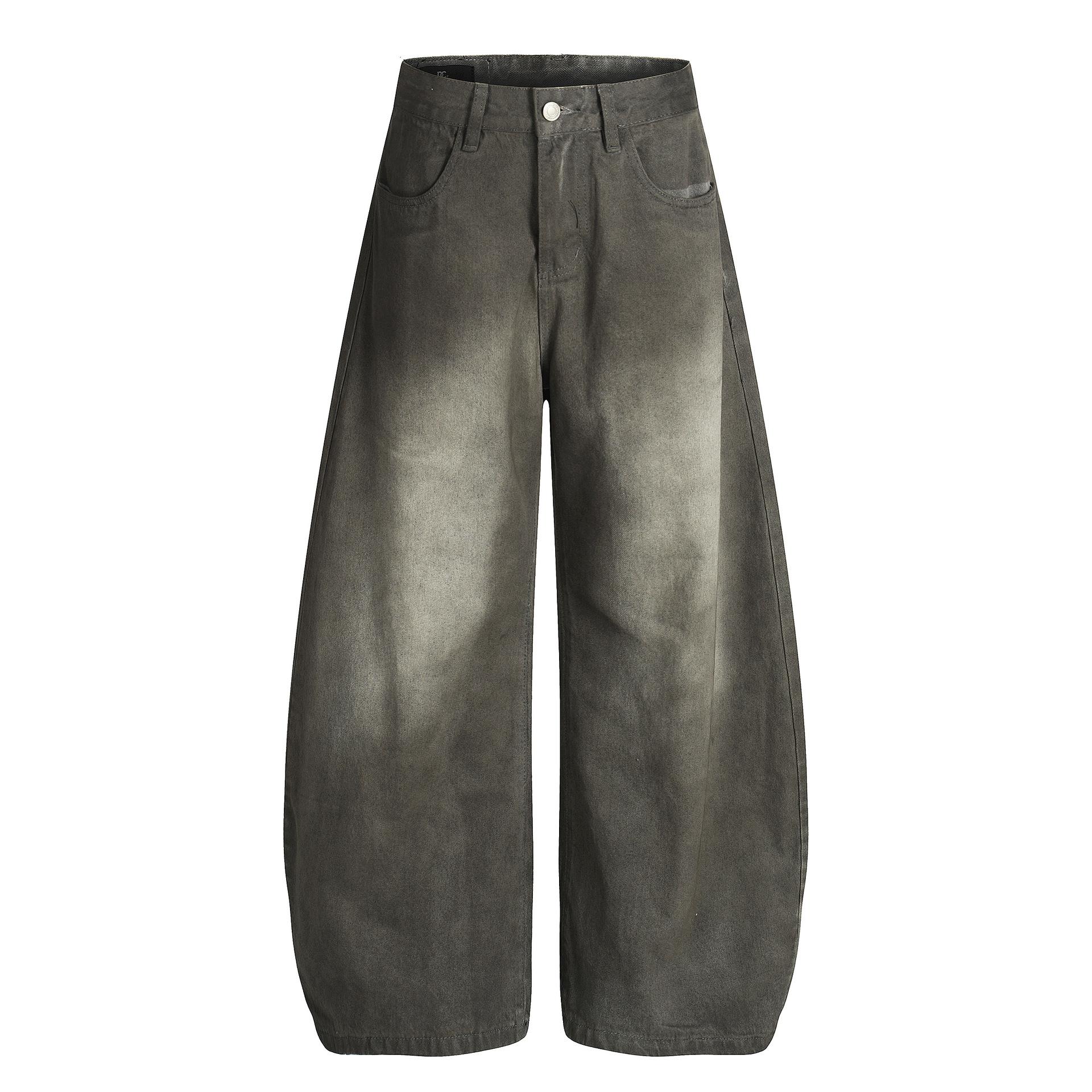 Trendy brand autumn American retro washed jeans straight individual cleanfit trousers S серый