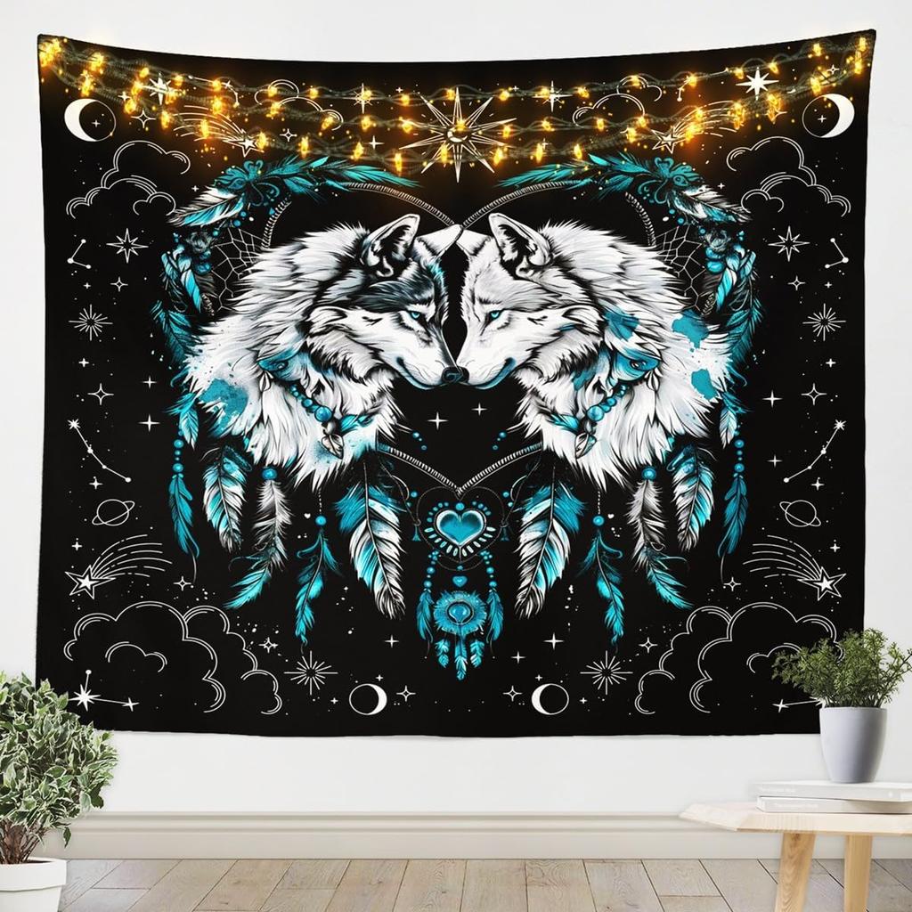 Wilder Wolf Kinder Wandteppich Sonne Mond Traumfänger Boho Wandteppiche Jungen Mädchen Zimmer Deko Wildtier Jagd Abenteuer Rustikal