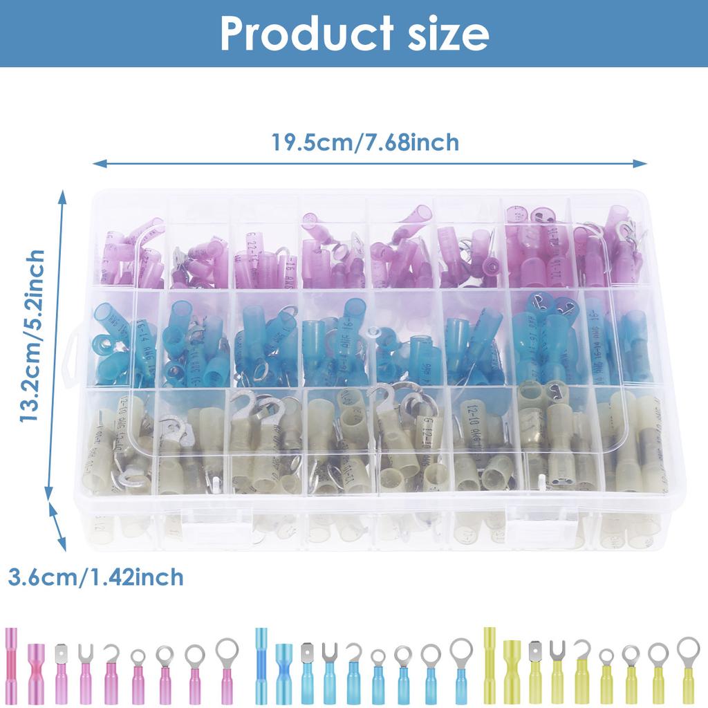 270Pcs Heat Shrink Wire Connectors Electrical Kit Waterproof AWG 12-10 16-14 22-16 Marine Fork Ring Wire Crimp Butt Connectors