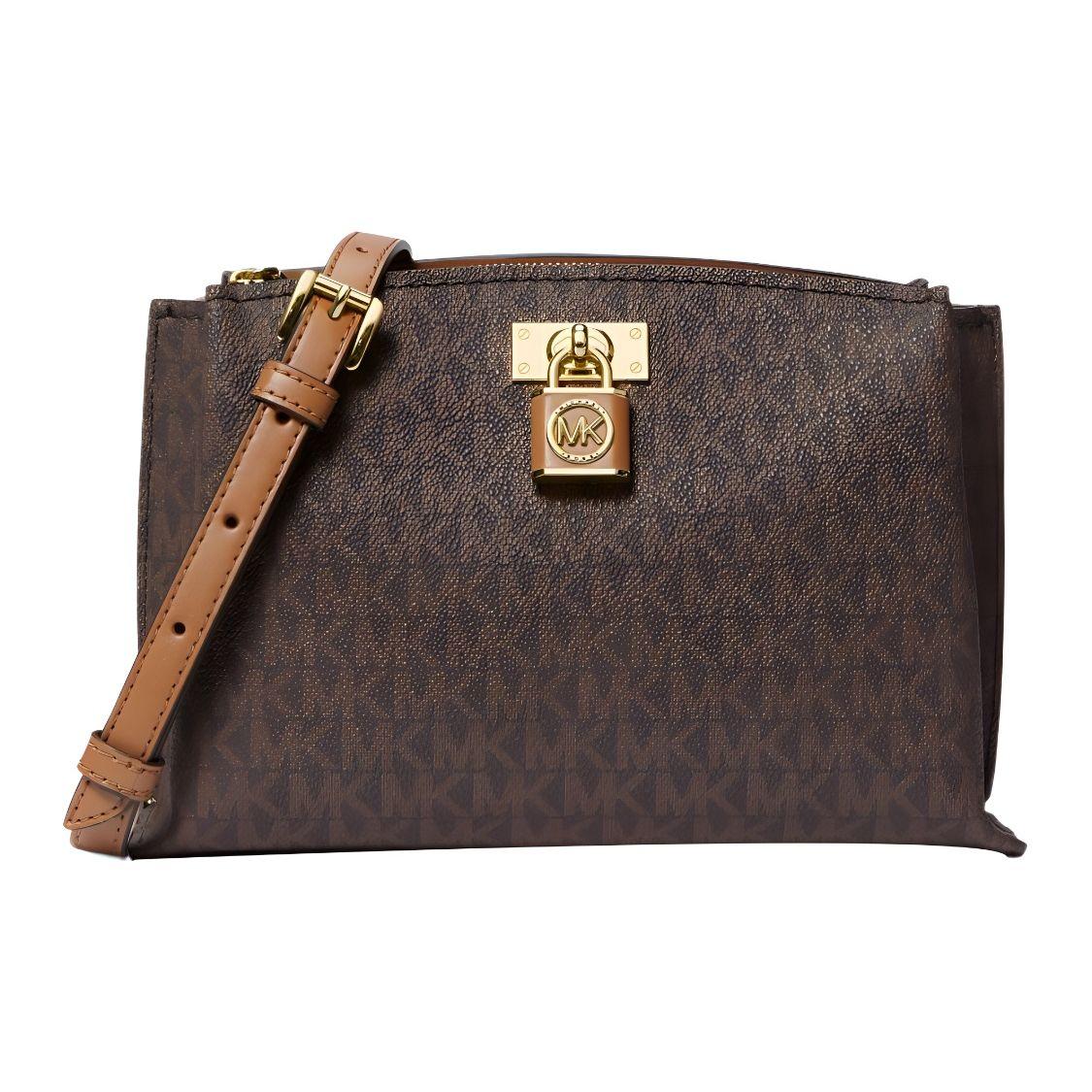 

Michael Kors Ruby Polished Padlock Pendant Removable Strap Printed Canvas Messenger Bag Women Bags Brown 30S3GR0M2B-BRNACORN Basic Set (Bag+Dust Bag)