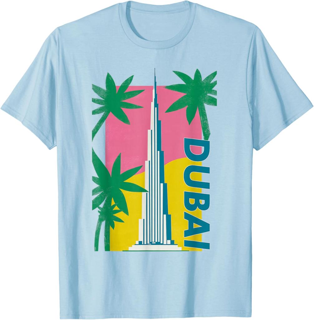 Dubai Burj Khalifa Palm Tree Retro Graphic Tee Men Casual Cotton TShirt