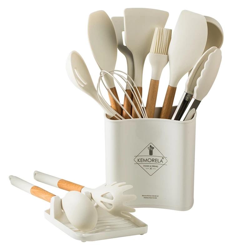 10/13 PCS Silicone Kitchen Cookware High Temperature Resistant Non-Stick Wooden Handle Spatula Baking Tools Cookware Set