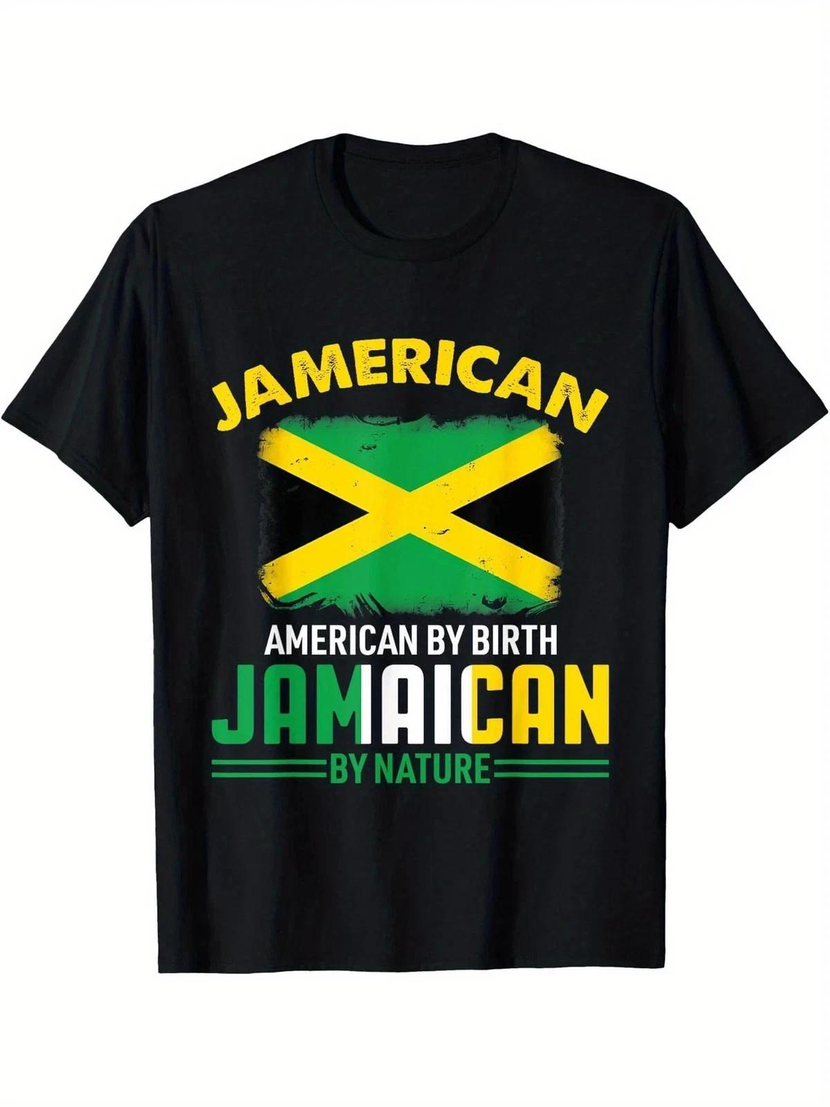 Men s 180g 100% Cotton Vintage Jamaican-American Flag Graphic T shirt 4XL