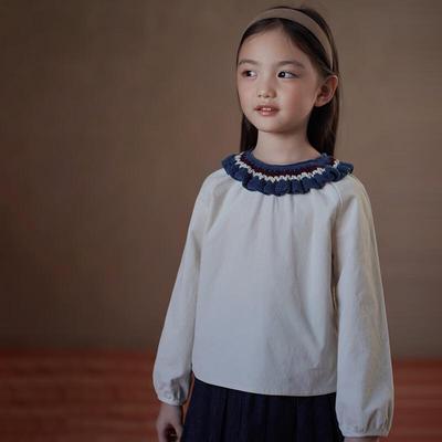 Hacikis Girls' Retro Color Block Knitted Collar Shirt