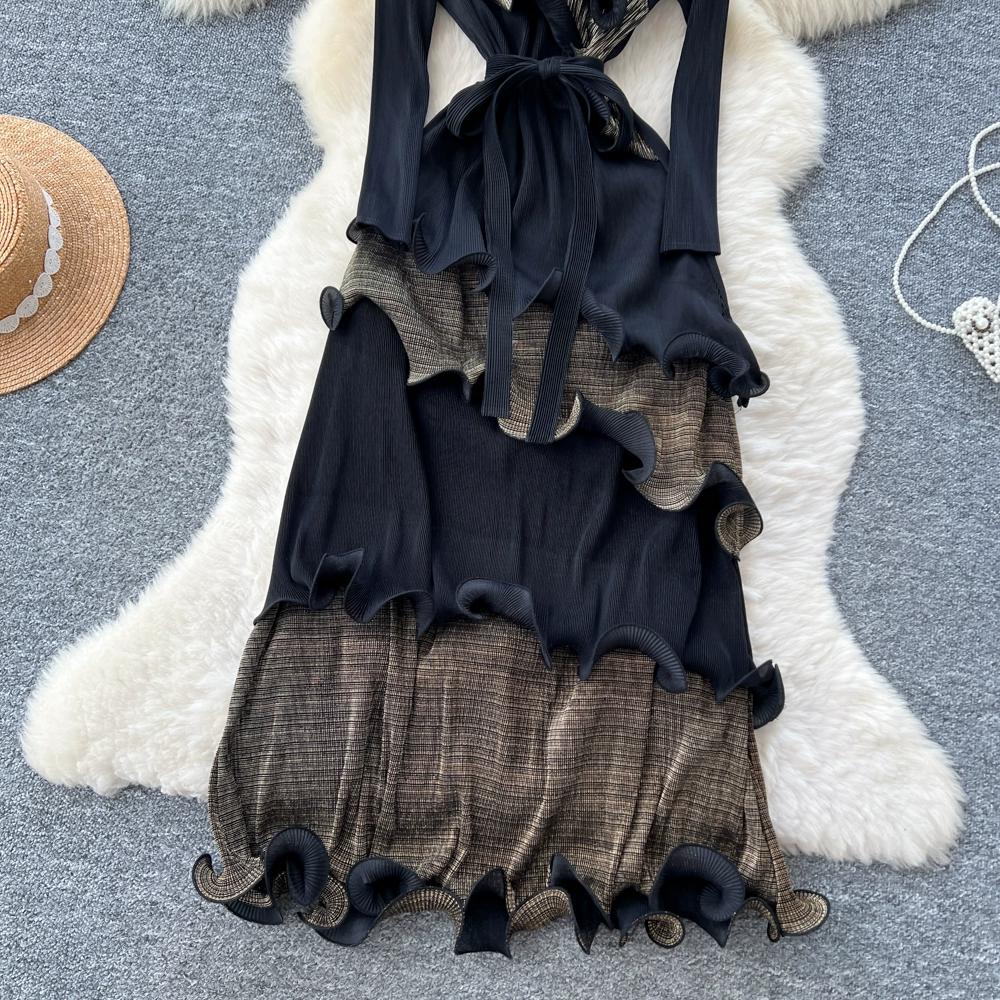 Autumn Winter Women Elegant 3D Flower Ruffles Miyake Fold Christmas Party Oversized Loose Lace-up Dresses
