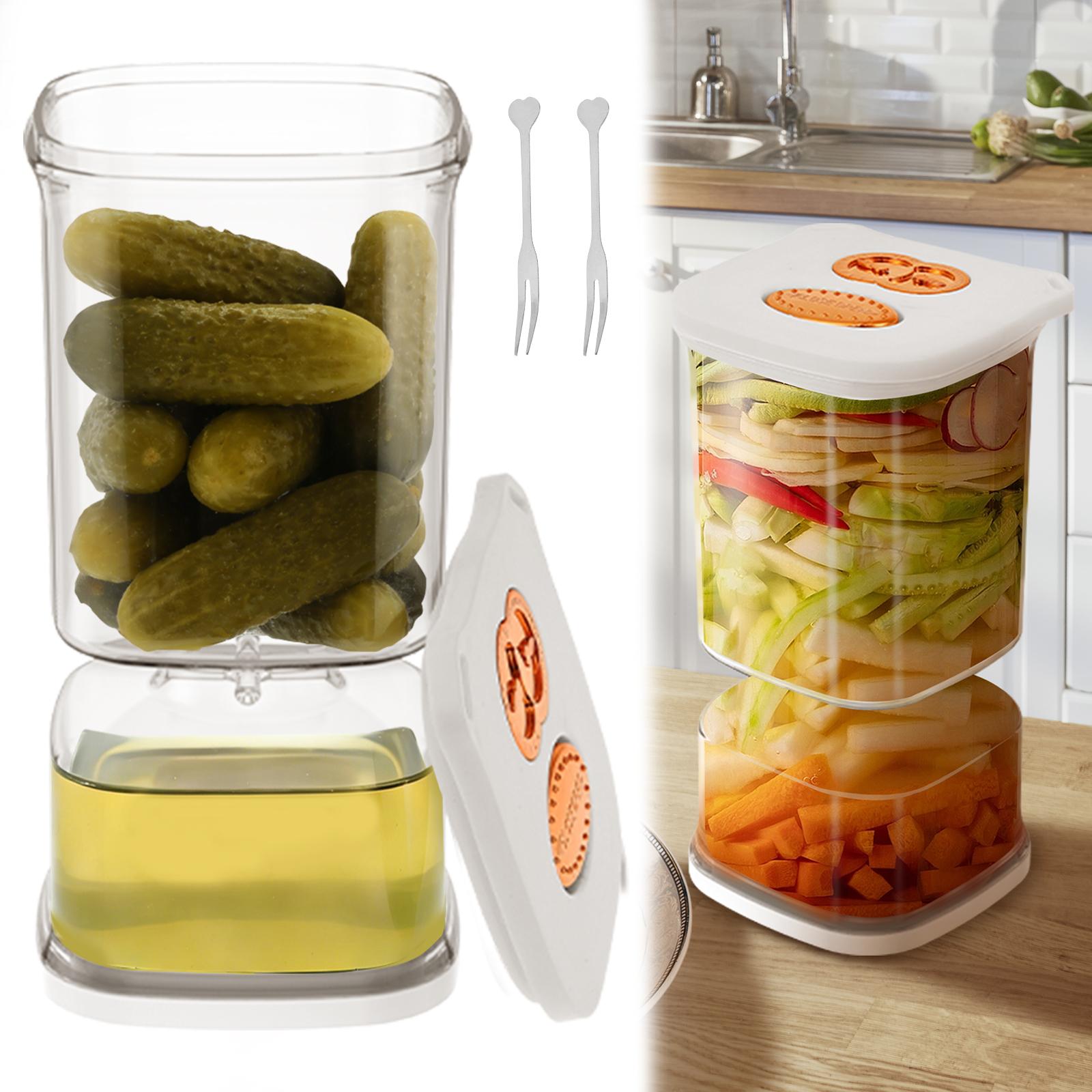 

Банка для маринованных огурцов Pickle Flip объемом 34 унции с ситечком, квадратный контейнер для маринованных огурцов с 2 вилками и таймером, контейнер для хранения продуктов для маринованных огурцов белый