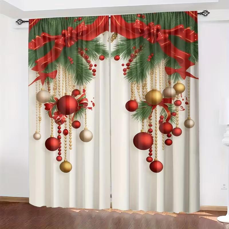 Christmas Ornament Curtains Insulated Privacy Design Polyester Holiday Window Decor Festive Home Thermal Set Of 2 Made With Rod Pocket