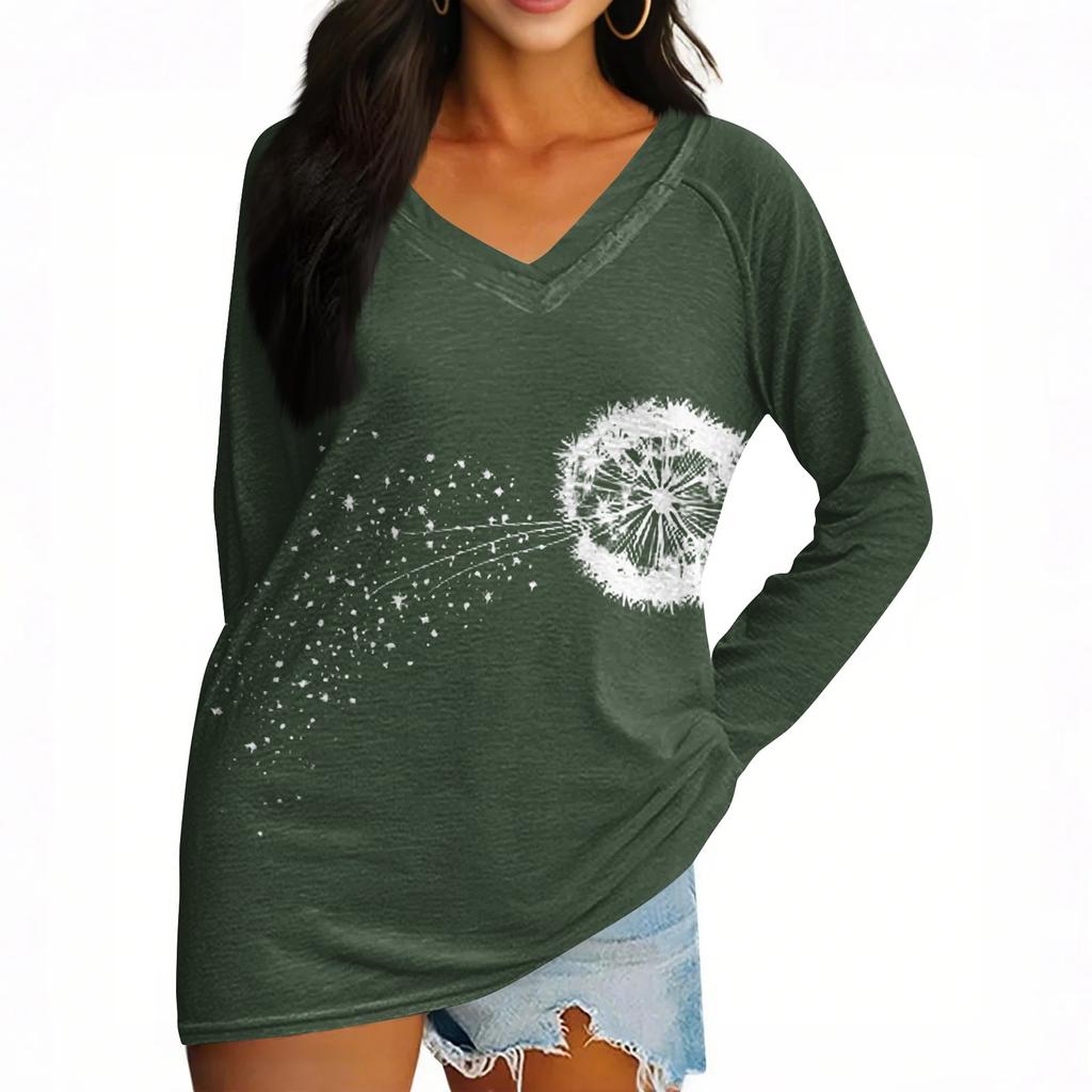 Damski T-shirt z długim rękawem, dekoltem V, nadrukiem wielkanocnym, casualowy, komfortowy top
