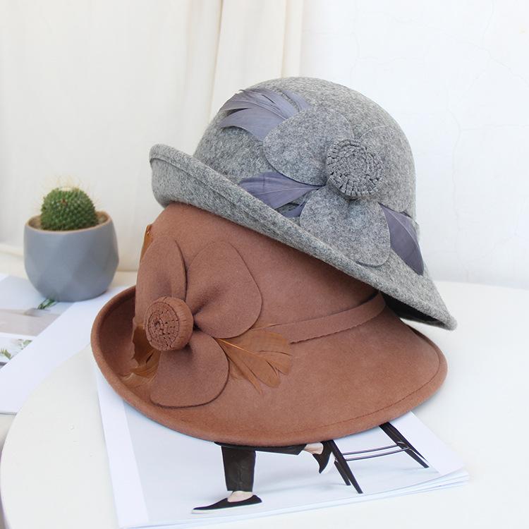 Retro Top Hat Autumn And Winter Woolen Hat Women'S Fashion Flower Styling Hat Back Curling Felt Hat