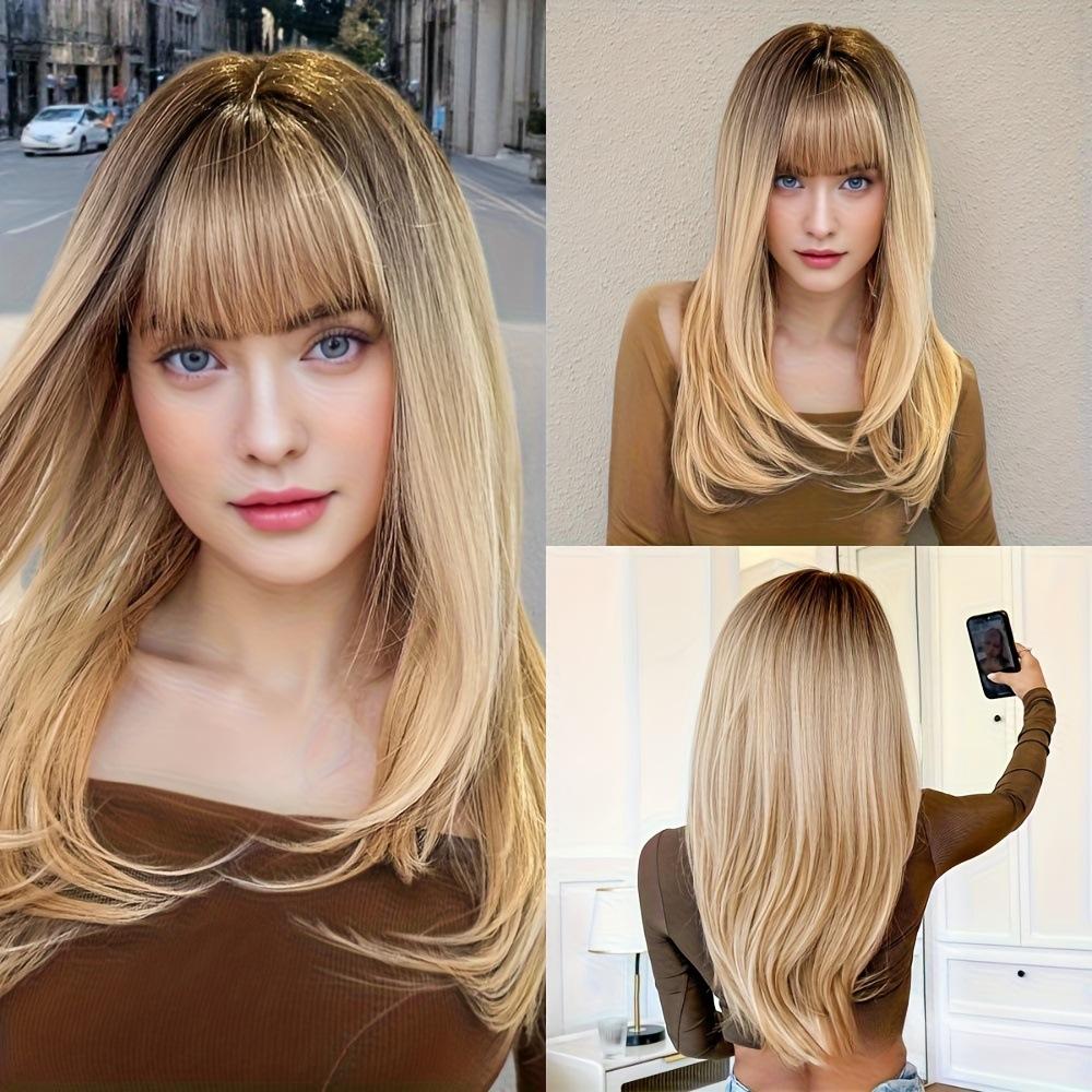 

Женские светлые многослойные синтетические парики с мелированием, средней длины, волнистые волосы с челкой, для повседневной носки, для вечеринок, термостойкое волокно золотисто-коричневый