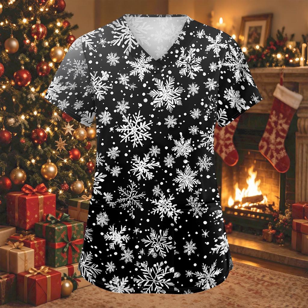 Women's Fashion Christmas Print V-Neck Short Sleeve Caregiver Work Top with Pockets