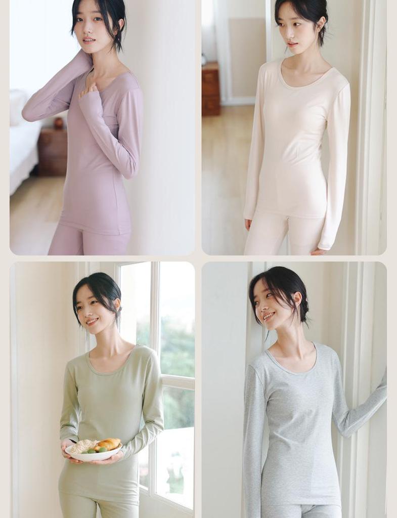 Dámský termo set z čisté bavlny: Tenký svetr a úzké kalhoty s kulatým výstřihem v jednobarevných barvách na podzim a zimu.