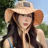 Summer lace-up small plaid bucket hat women's retro big brim sunshade sunscreen hat big head circumference shows small tide