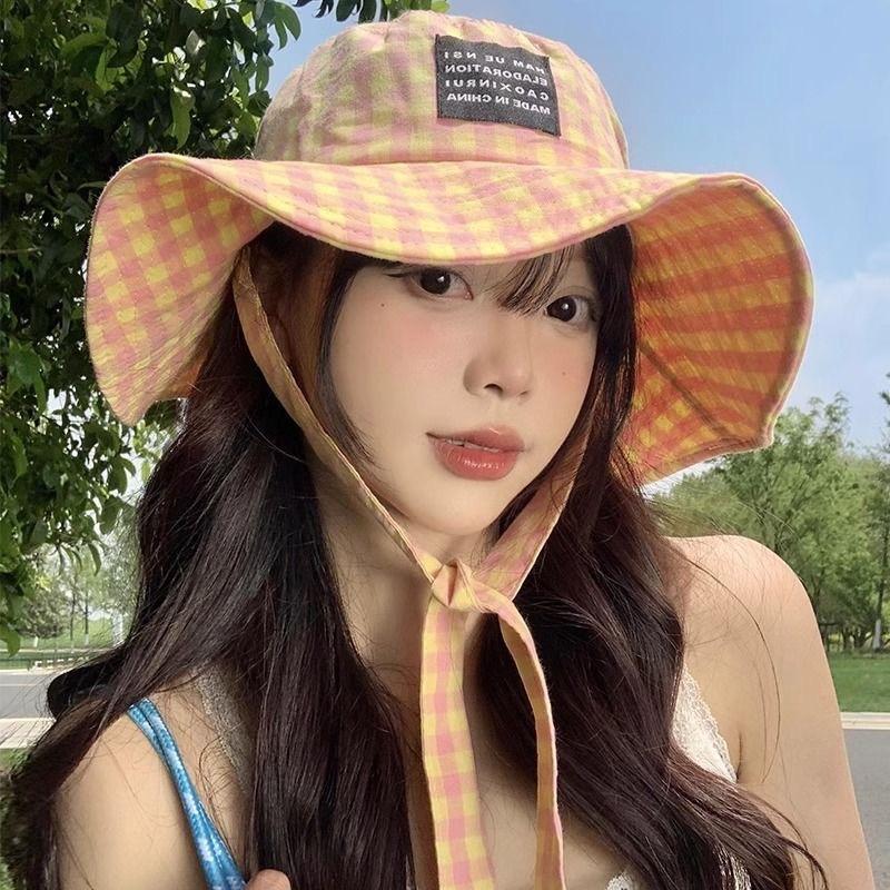 Summer lace-up small plaid bucket hat women's retro big brim sunshade sunscreen hat big head circumference shows small tide