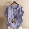 Women's New Fashion Linen Shirt Round Neck Short Sleeve Hazelnut Printed T-shirt Summer Ladies Casual Plus Size Blouse Tops