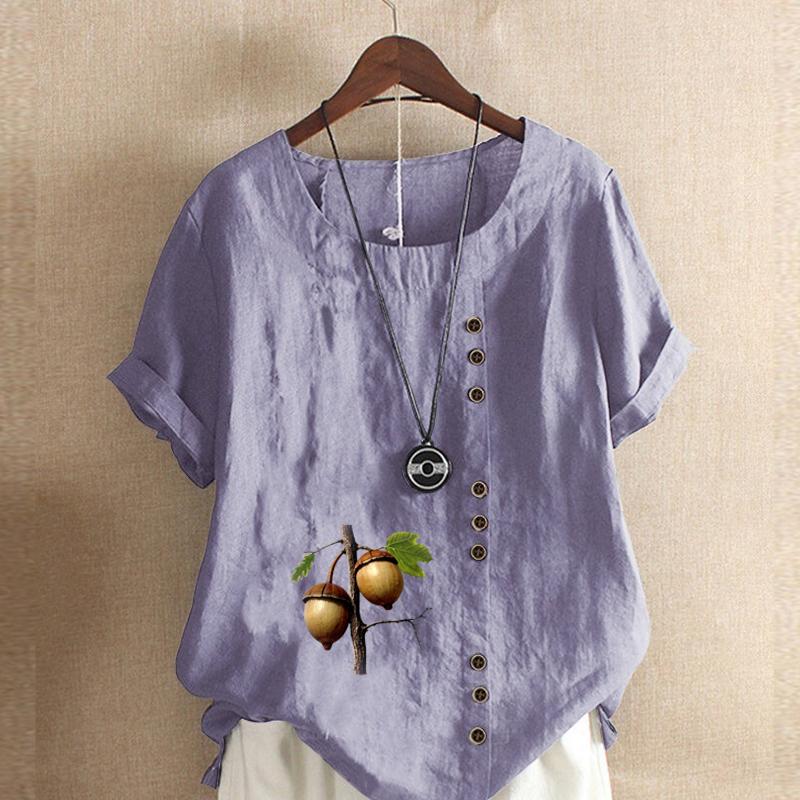 Women's New Fashion Linen Shirt Round Neck Short Sleeve Hazelnut Printed T-shirt Summer Ladies Casual Plus Size Blouse Tops
