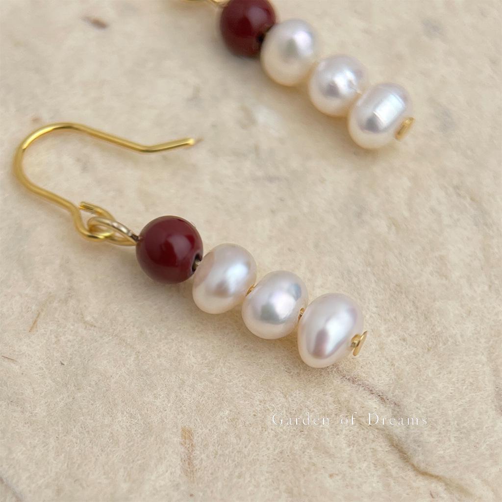 Boucles d'oreilles Guochao Perle d'eau douce naturelle Bloc de couleurs Rétro Style chinois pour femmes