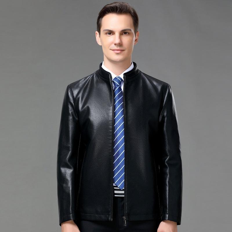Spring, Autumn and Winter New Men's Leather Jackets, Middle-aged Men's Casual Slim Business Stand-up Collar Sheepskin Jackets Thick Coats