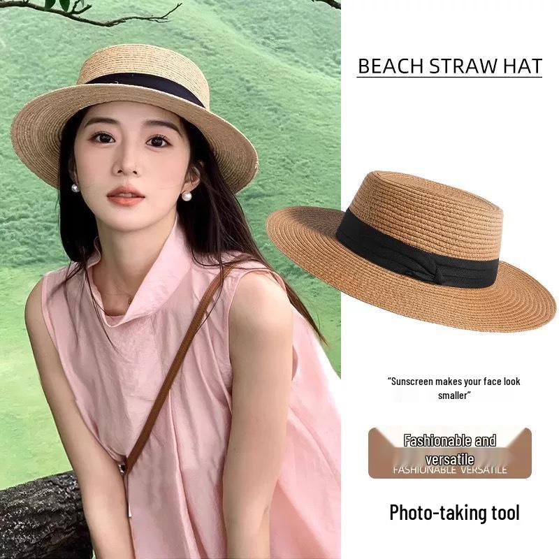 Women's Flat Top French Straw Fedora - Large Brim Summer Sun Hat for Beach Vacation 2025