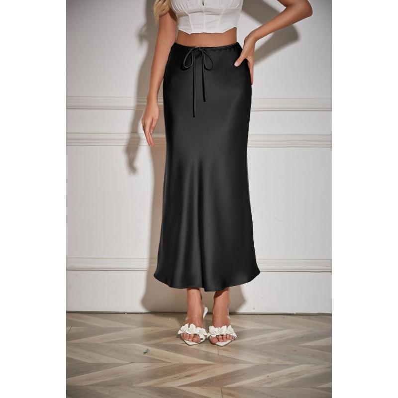 Waist Tie High Satin Drawstring Solid Color Halter Skirt