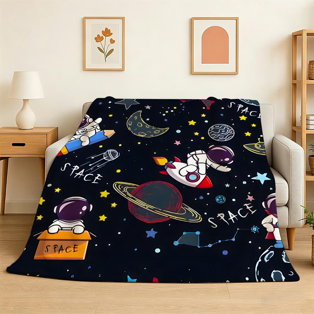 Outer Space Spaceship Astronaut Rocket Throw 240g Lightweight Flannel Blanket, Soft Skin Throw Blanket for Sofa Bedroom